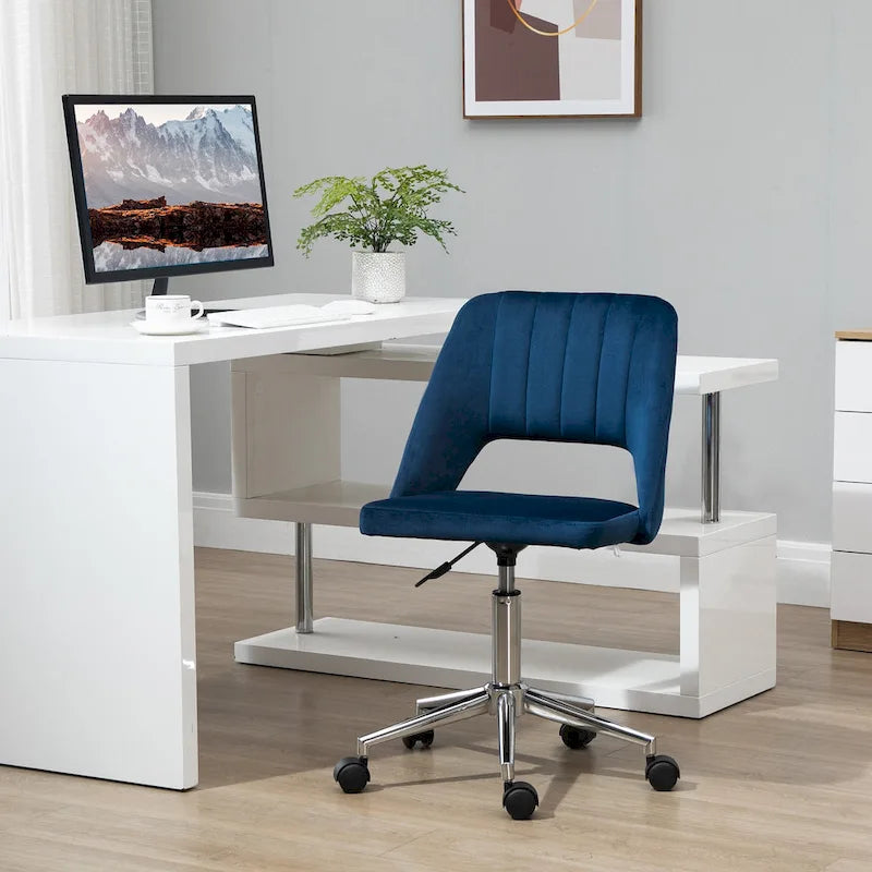 Chaise de bureau pivotante sans accoudoirs en velours à dossier moyen, hauteur réglable, rose
