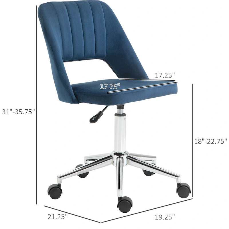 Chaise de bureau pivotante sans accoudoirs en velours à dossier moyen, hauteur réglable, rose