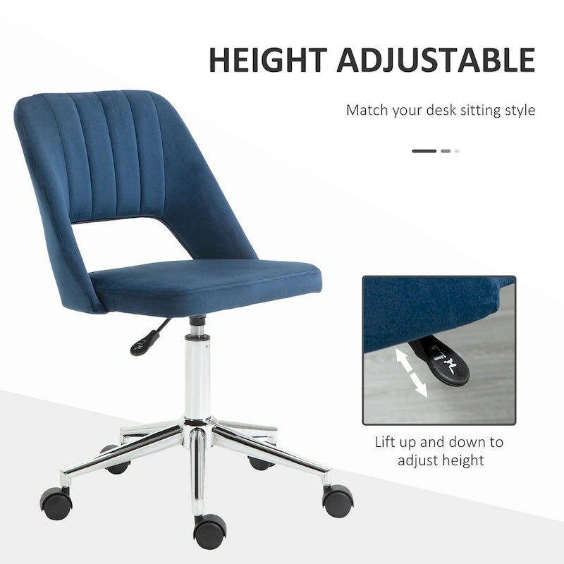 Chaise de bureau pivotante sans accoudoirs en velours à dossier moyen, hauteur réglable, rose