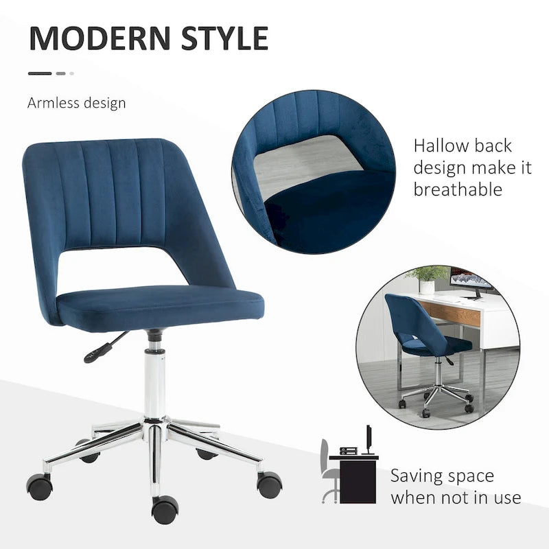 Chaise de bureau pivotante sans accoudoirs en velours à dossier moyen, hauteur réglable, rose