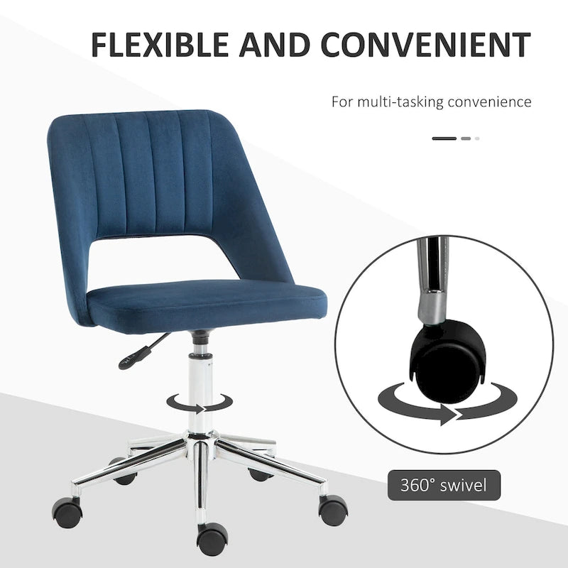Chaise de bureau pivotante sans accoudoirs en velours à dossier moyen, hauteur réglable, rose