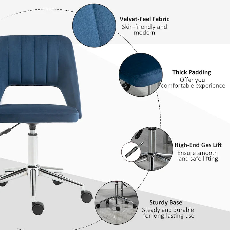 Chaise de bureau pivotante sans accoudoirs en velours à dossier moyen, hauteur réglable, rose