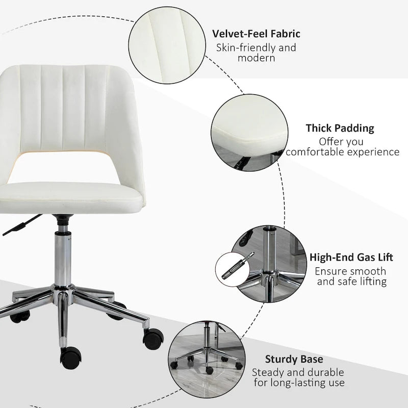 Chaise de bureau pivotante sans accoudoirs en velours à dossier moyen, hauteur réglable, rose