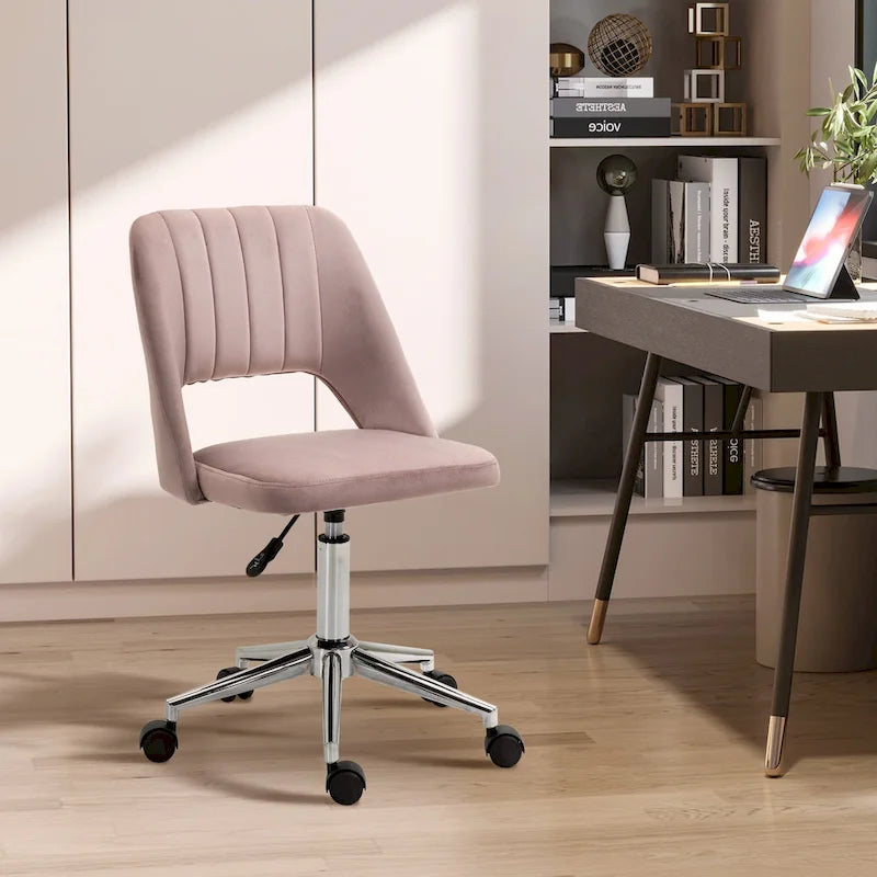 Chaise de bureau pivotante sans accoudoirs en velours à dossier moyen, hauteur réglable, rose
