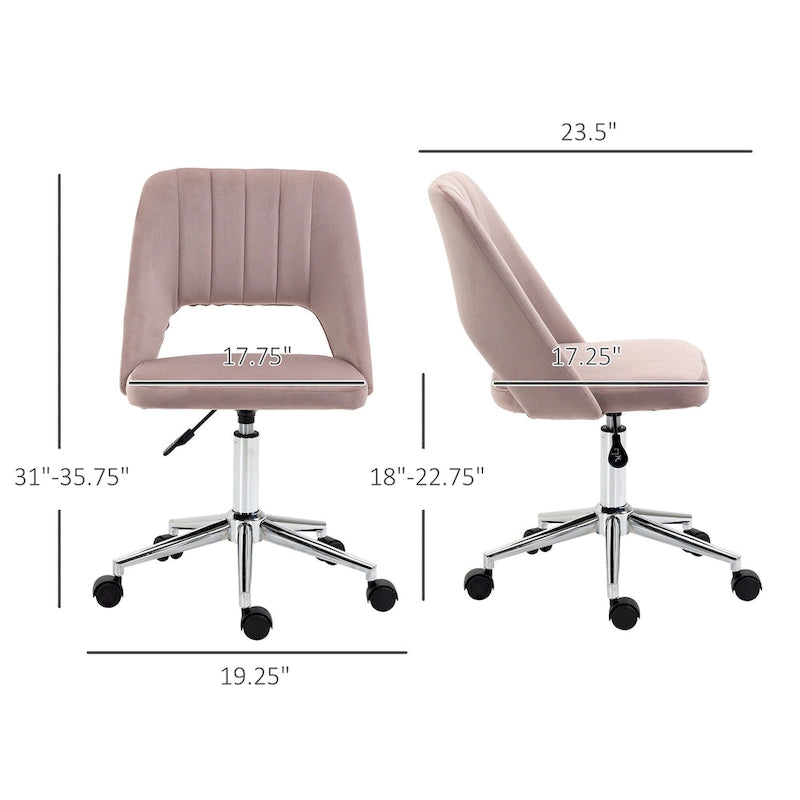 Chaise de bureau pivotante sans accoudoirs en velours à dossier moyen, hauteur réglable, rose