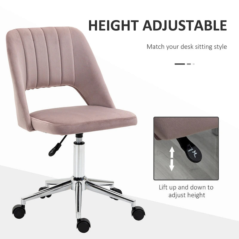Chaise de bureau pivotante sans accoudoirs en velours à dossier moyen, hauteur réglable, rose
