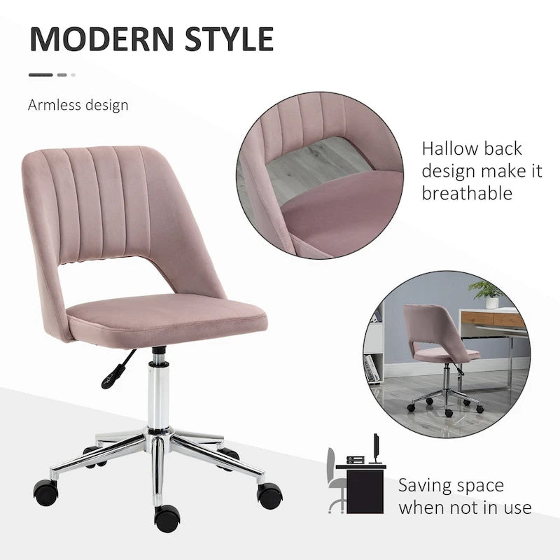 Chaise de bureau pivotante sans accoudoirs en velours à dossier moyen, hauteur réglable, rose