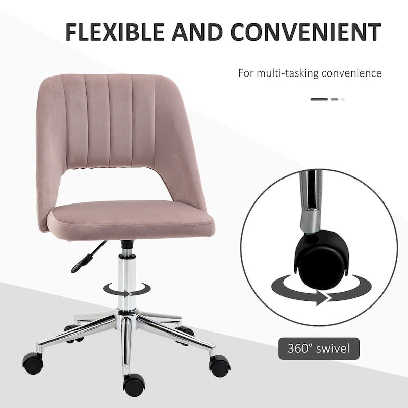 Chaise de bureau pivotante sans accoudoirs en velours à dossier moyen, hauteur réglable, rose