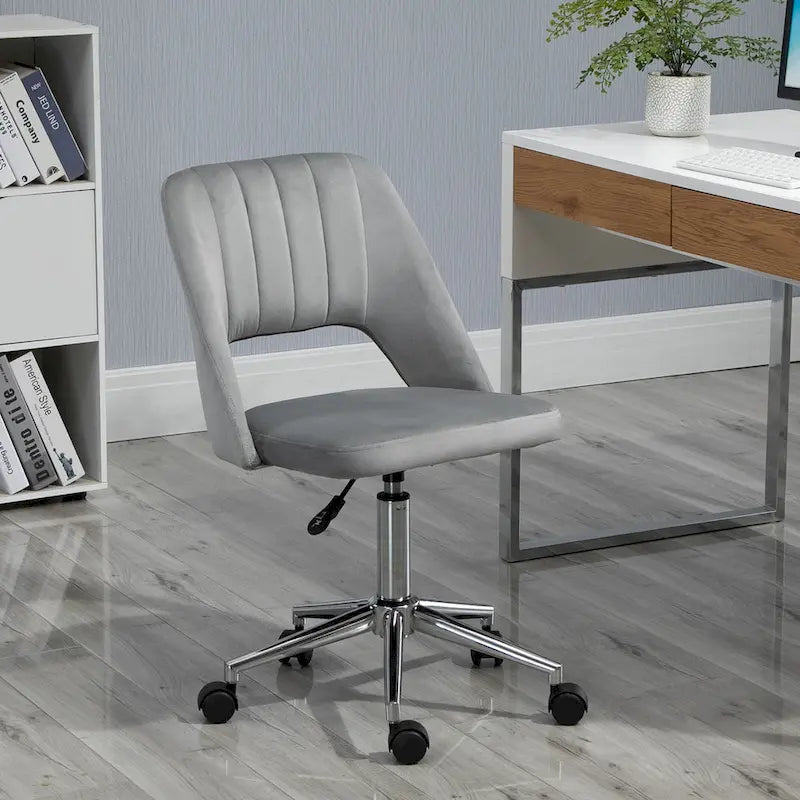 Chaise de bureau pivotante sans accoudoirs en velours à dossier moyen, hauteur réglable, rose