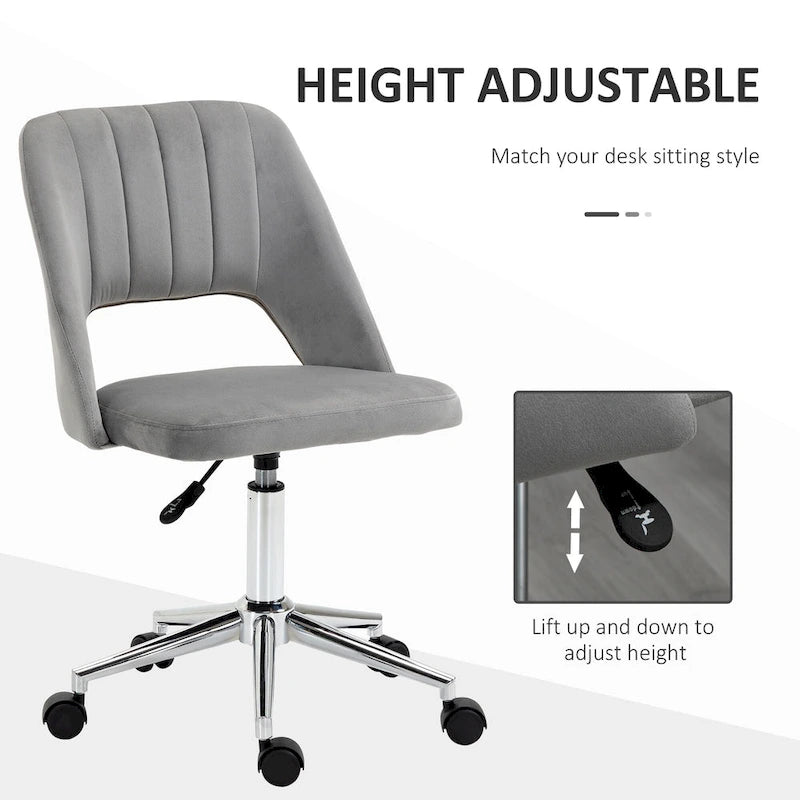 Chaise de bureau pivotante sans accoudoirs en velours à dossier moyen, hauteur réglable, rose