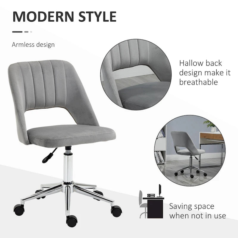 Chaise de bureau pivotante sans accoudoirs en velours à dossier moyen, hauteur réglable, rose