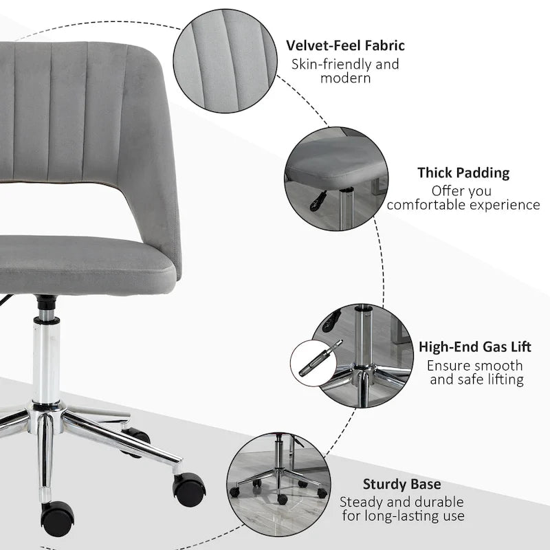 Chaise de bureau pivotante sans accoudoirs en velours à dossier moyen, hauteur réglable, rose