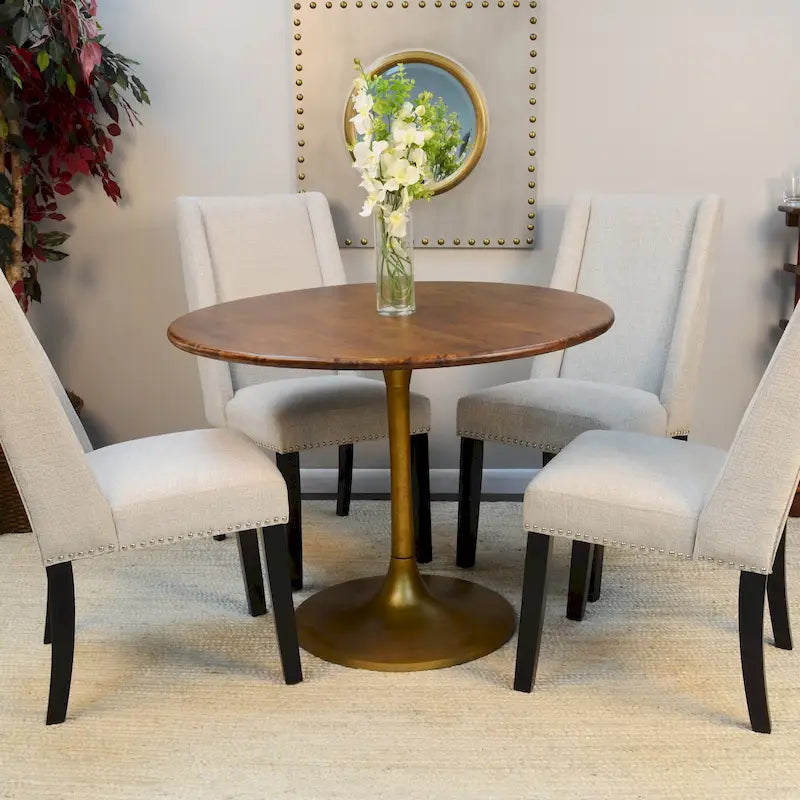 Table à manger ronde de 102 cm en manguier massif avec pied tulipe, or antique d'orme