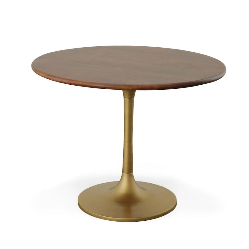 Table à manger ronde de 102 cm en manguier massif avec pied tulipe, or antique d'orme