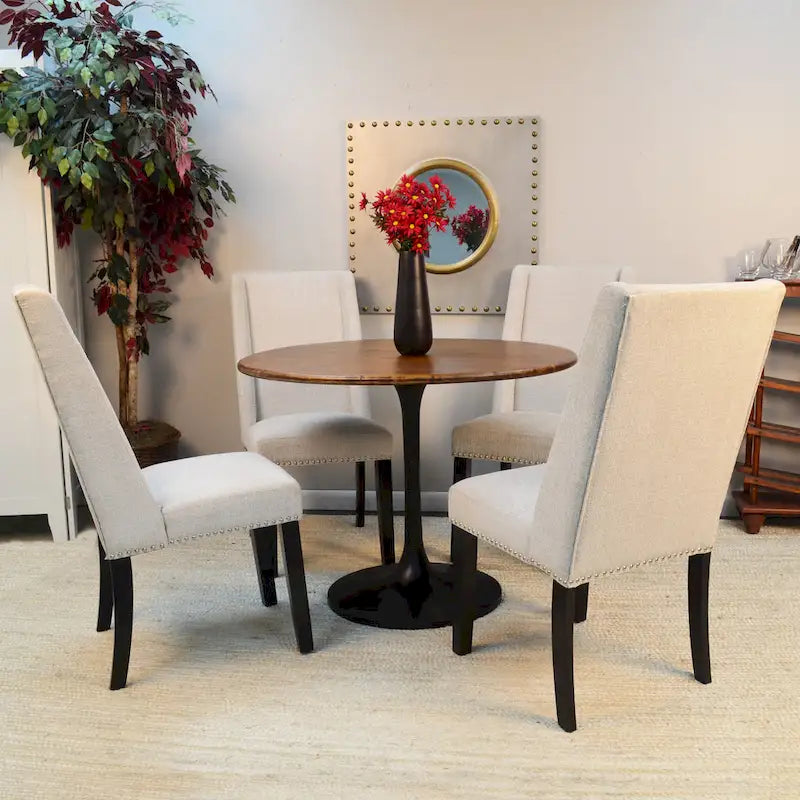 Table à manger ronde de 102 cm en manguier massif avec pied tulipe, or antique d'orme
