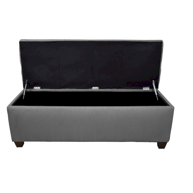Banc de rangement en lin capitonné avec couvercle à vérin hydraulique, pieds en bois expresso
