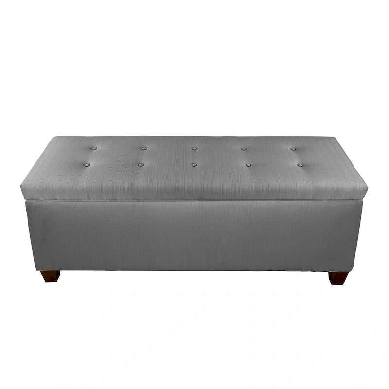 Banc de rangement en lin capitonné avec couvercle à vérin hydraulique, pieds en bois expresso