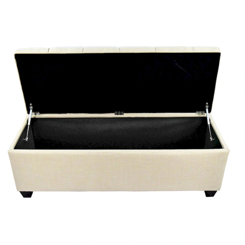 Banc de rangement en lin capitonné avec couvercle à vérin hydraulique, pieds en bois expresso