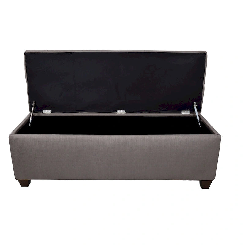 Banc de rangement en lin capitonné avec couvercle à vérin hydraulique, pieds en bois expresso