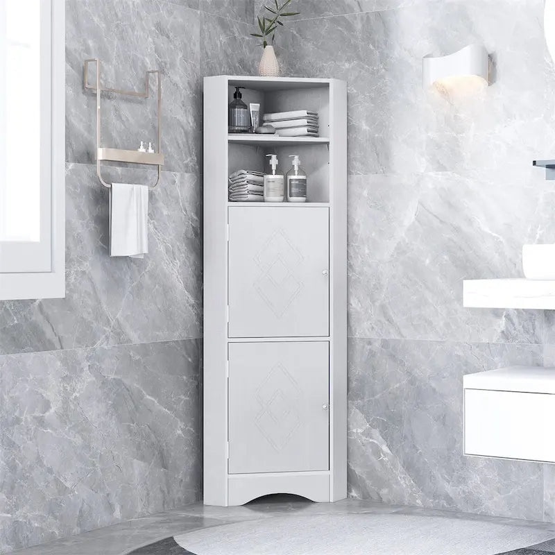 Meuble d'angle haut de salle de bain avec étagères ouvertes et portes doubles, Blanc/Gris/Noir
