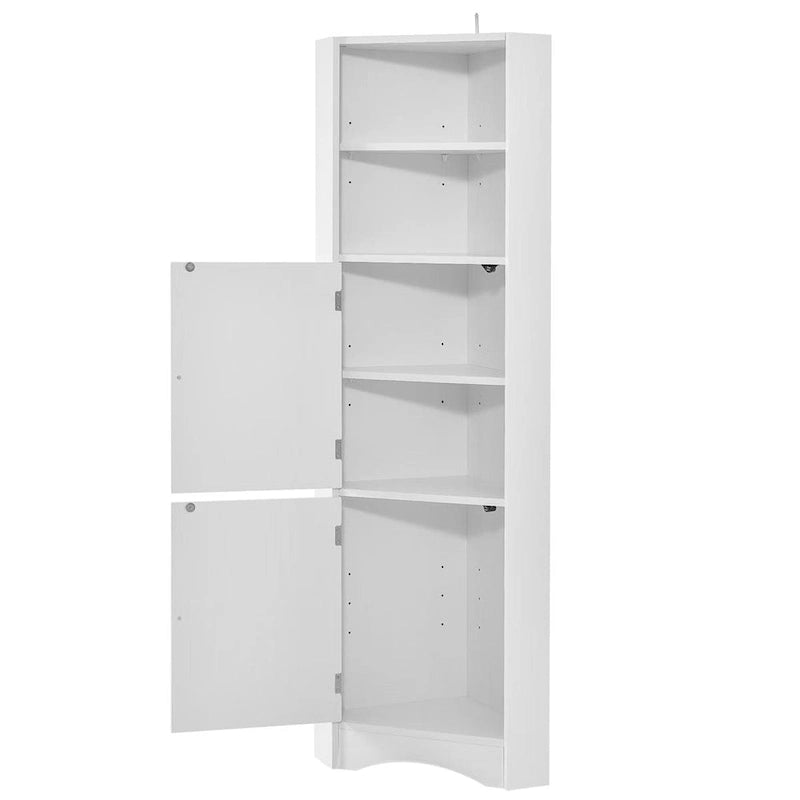 Meuble d'angle haut de salle de bain avec étagères ouvertes et portes doubles, Blanc/Gris/Noir