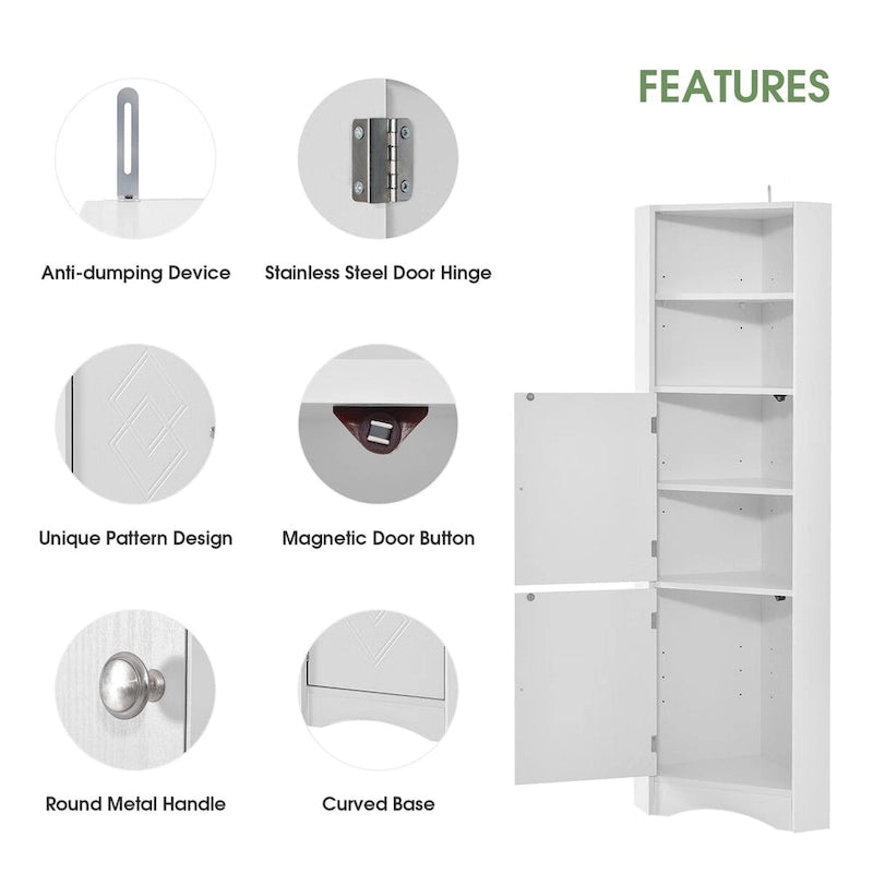 Meuble d'angle haut de salle de bain avec étagères ouvertes et portes doubles, Blanc/Gris/Noir