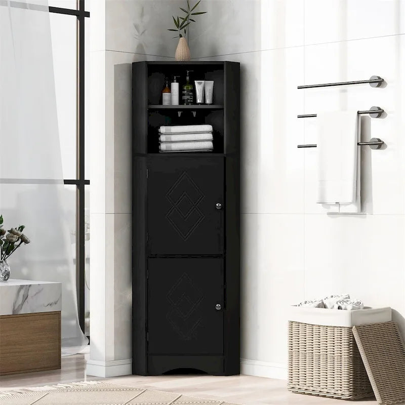 Meuble d'angle haut de salle de bain avec étagères ouvertes et portes doubles, Blanc/Gris/Noir