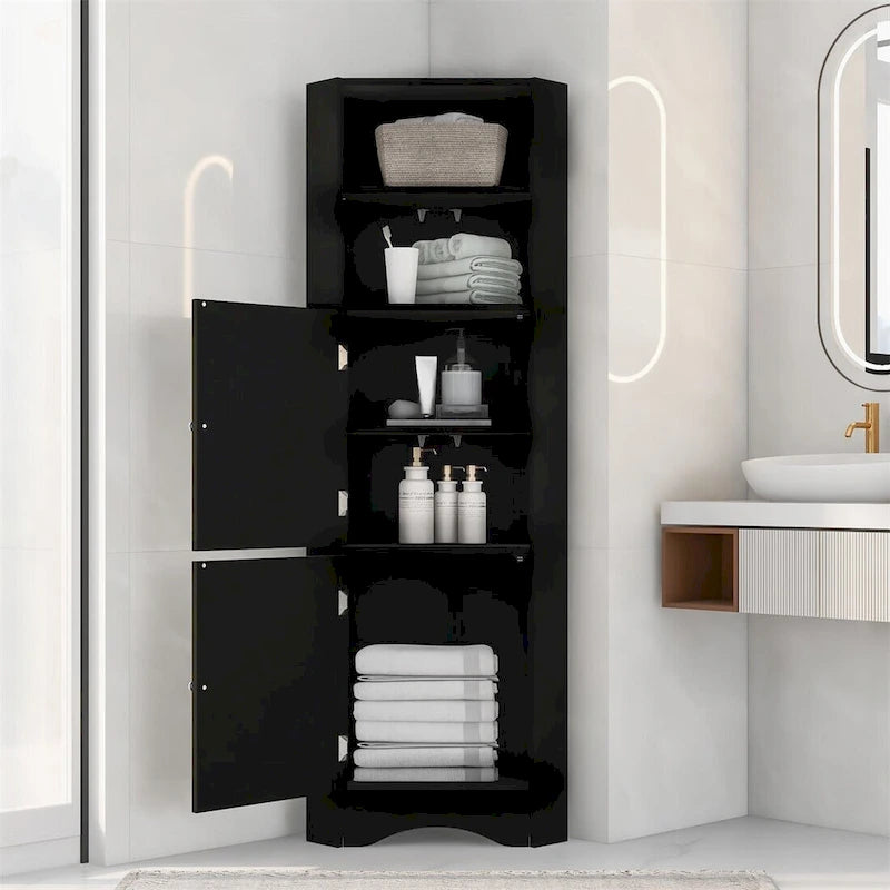 Meuble d'angle haut de salle de bain avec étagères ouvertes et portes doubles, Blanc/Gris/Noir