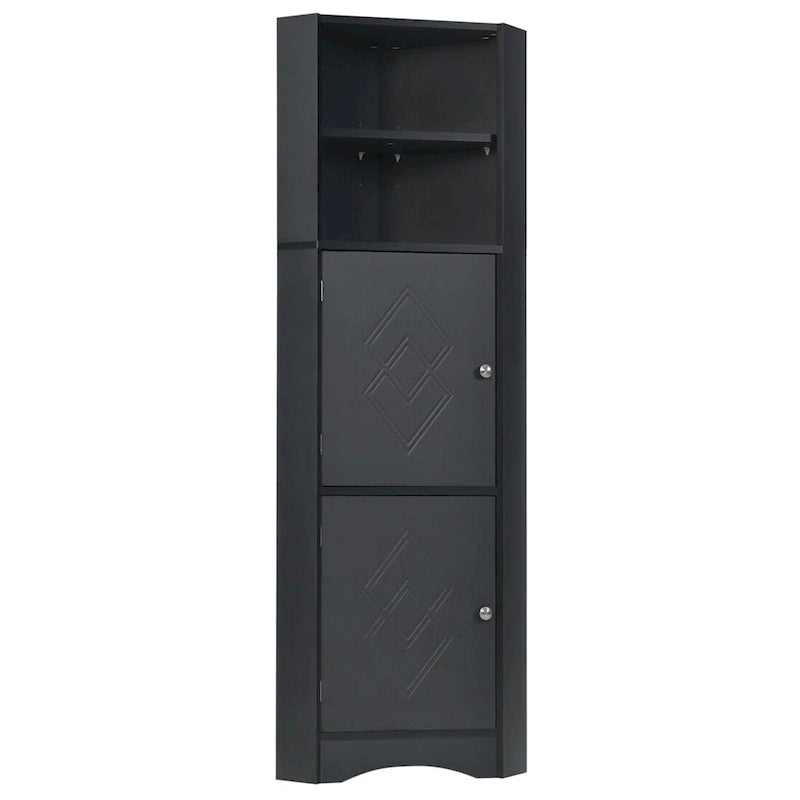Meuble d'angle haut de salle de bain avec étagères ouvertes et portes doubles, Blanc/Gris/Noir