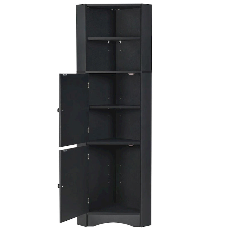 Meuble d'angle haut de salle de bain avec étagères ouvertes et portes doubles, Blanc/Gris/Noir