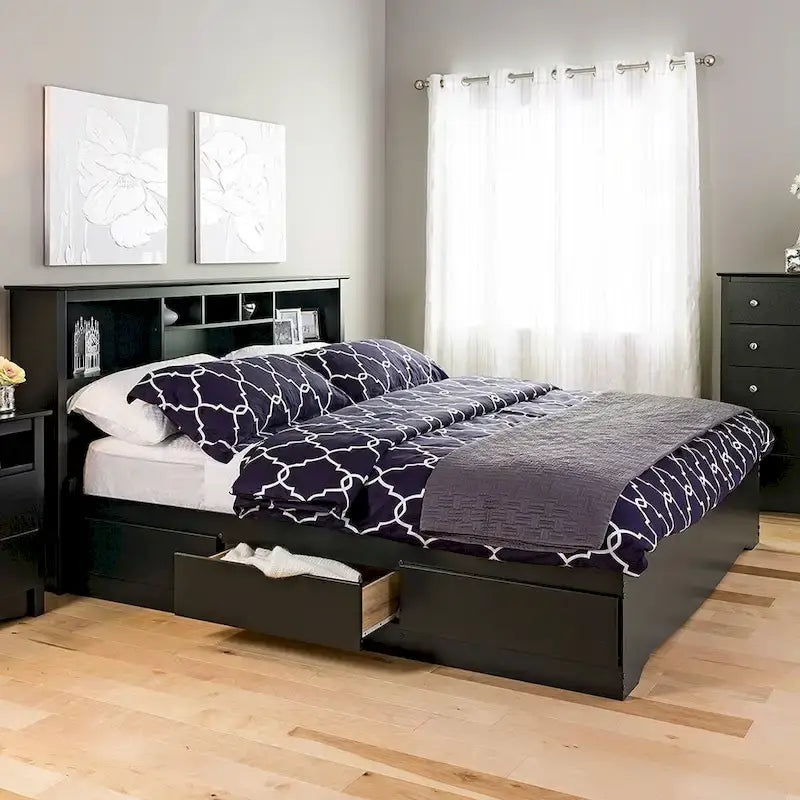 Cadre de lit plateforme King noir avec 6 tiroirs de rangement sous le lit