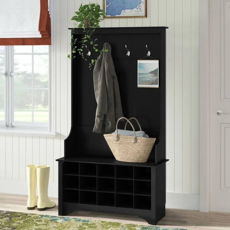 Arbre d'entrée noir avec casiers à chaussures, patères et banc de rangement