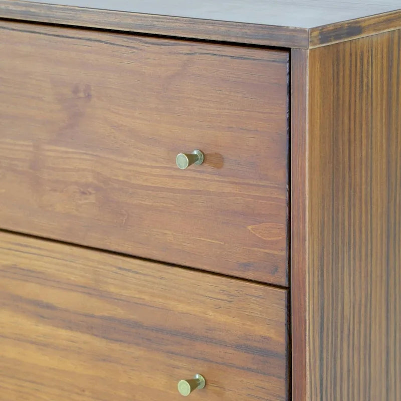 Commode haute 5 tiroirs de style Mid-Century Modern avec pieds coniques, blanc et noyer