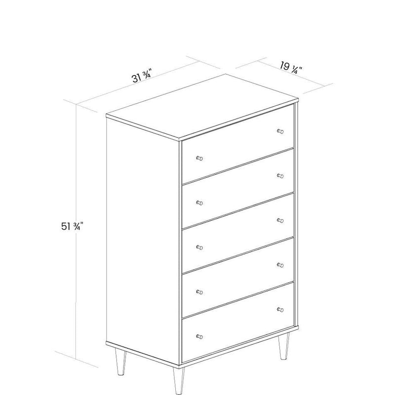 Commode haute 5 tiroirs de style Mid-Century Modern avec pieds coniques, blanc et noyer