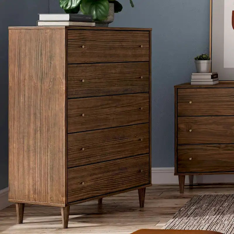Commode haute 5 tiroirs de style Mid-Century Modern avec pieds coniques, blanc et noyer