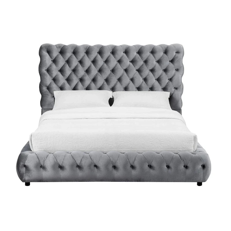Lit plateforme King Size, tête de lit capitonnée en velours gris