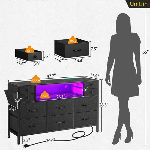 10-Drawer Fabric Dresser with LED Lights and Power Outlets, Black or White