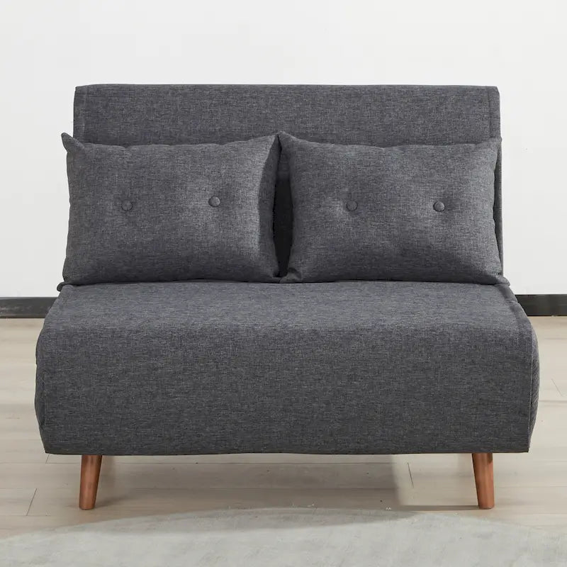 Fauteuil-lit convertible avec pieds en bois, capitonné, en faux lin, gris foncé