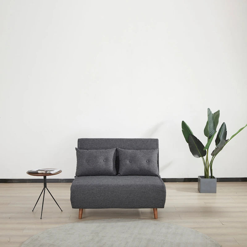 Fauteuil-lit convertible avec pieds en bois, capitonné, en faux lin, gris foncé