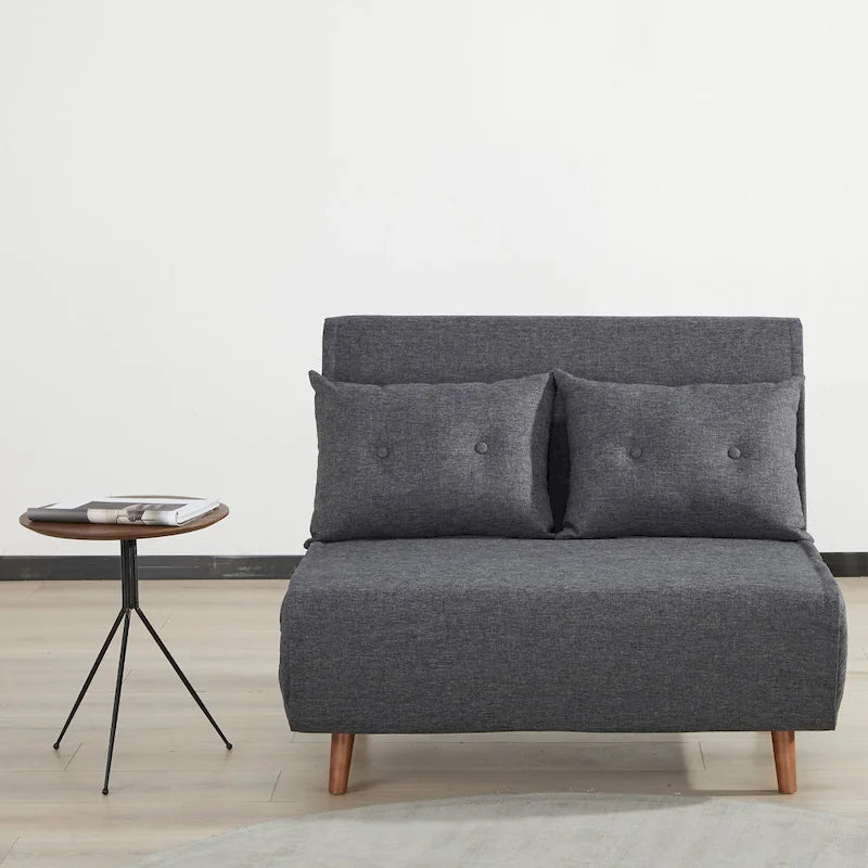 Fauteuil-lit convertible avec pieds en bois, capitonné, en faux lin, gris foncé