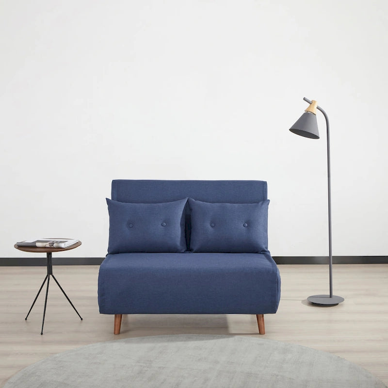 Fauteuil-lit convertible avec pieds en bois, capitonné, en faux lin, gris foncé