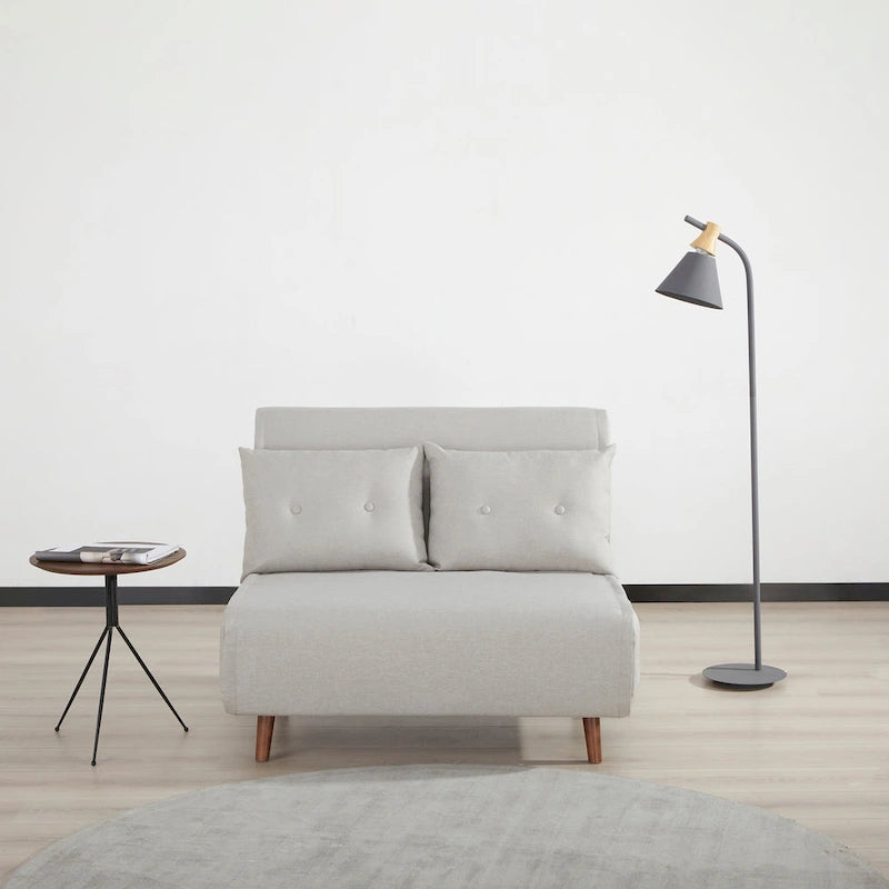 Fauteuil-lit convertible avec pieds en bois, capitonné, en faux lin, gris foncé