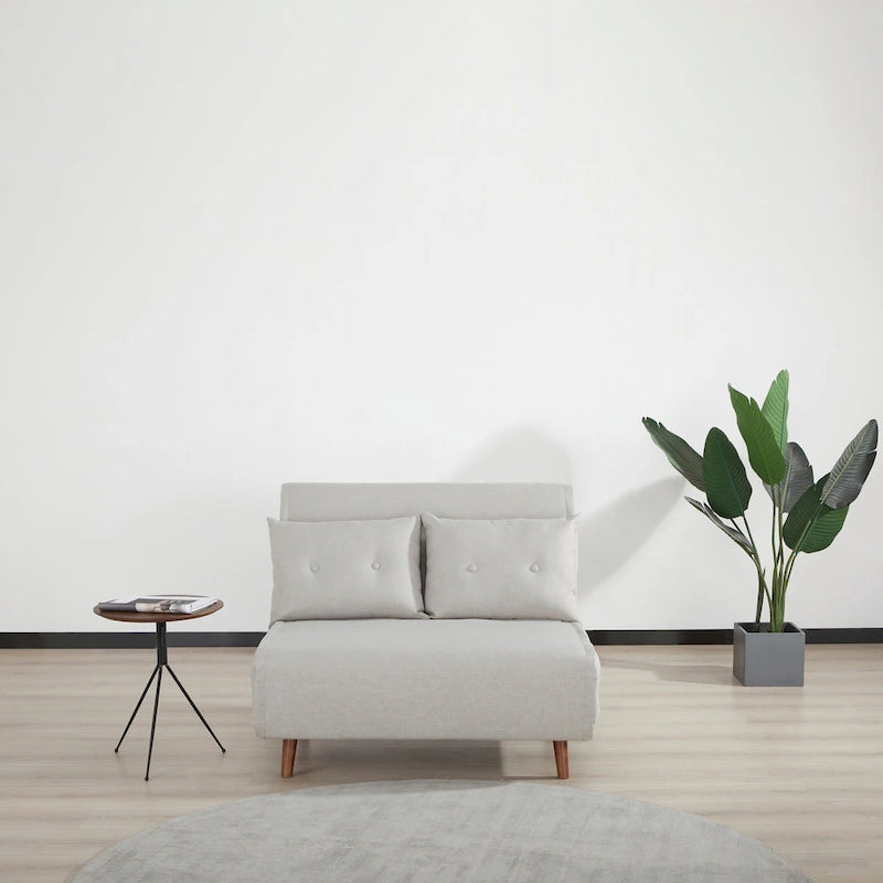 Fauteuil-lit convertible avec pieds en bois, capitonné, en faux lin, gris foncé