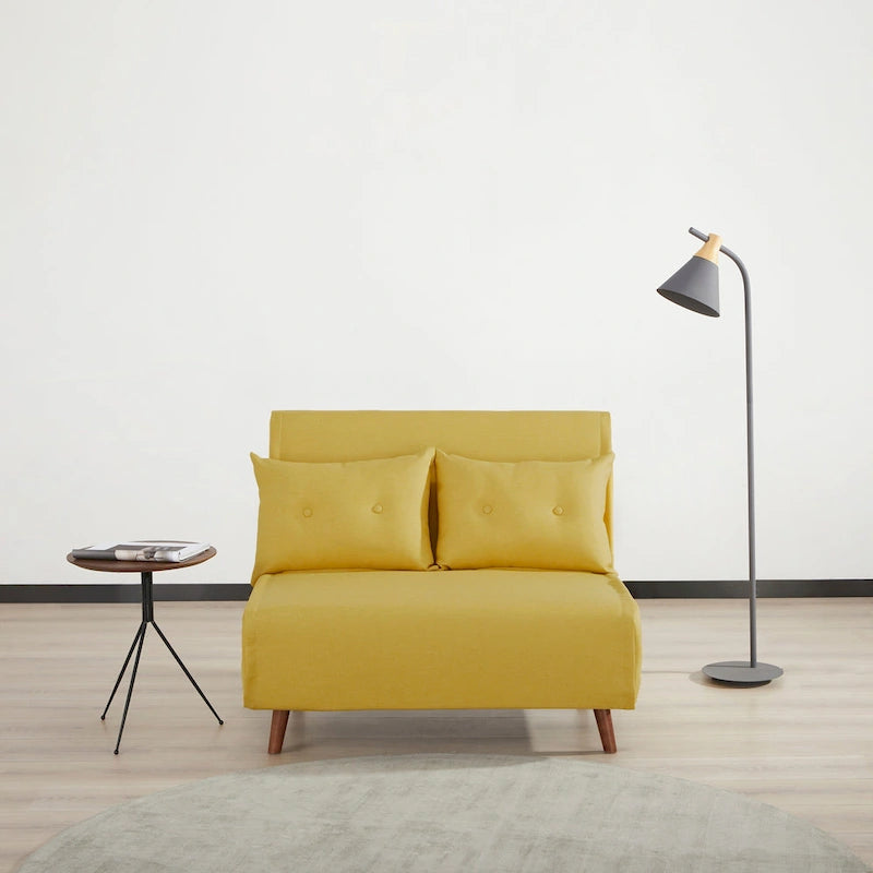 Fauteuil-lit convertible avec pieds en bois, capitonné, en faux lin, gris foncé