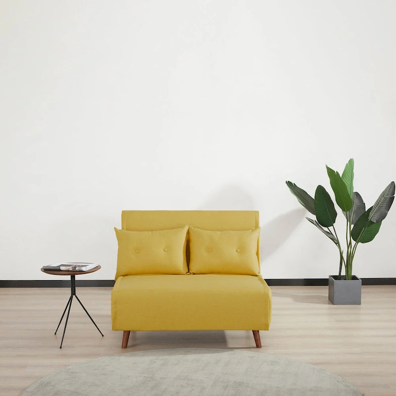 Fauteuil-lit convertible avec pieds en bois, capitonné, en faux lin, gris foncé