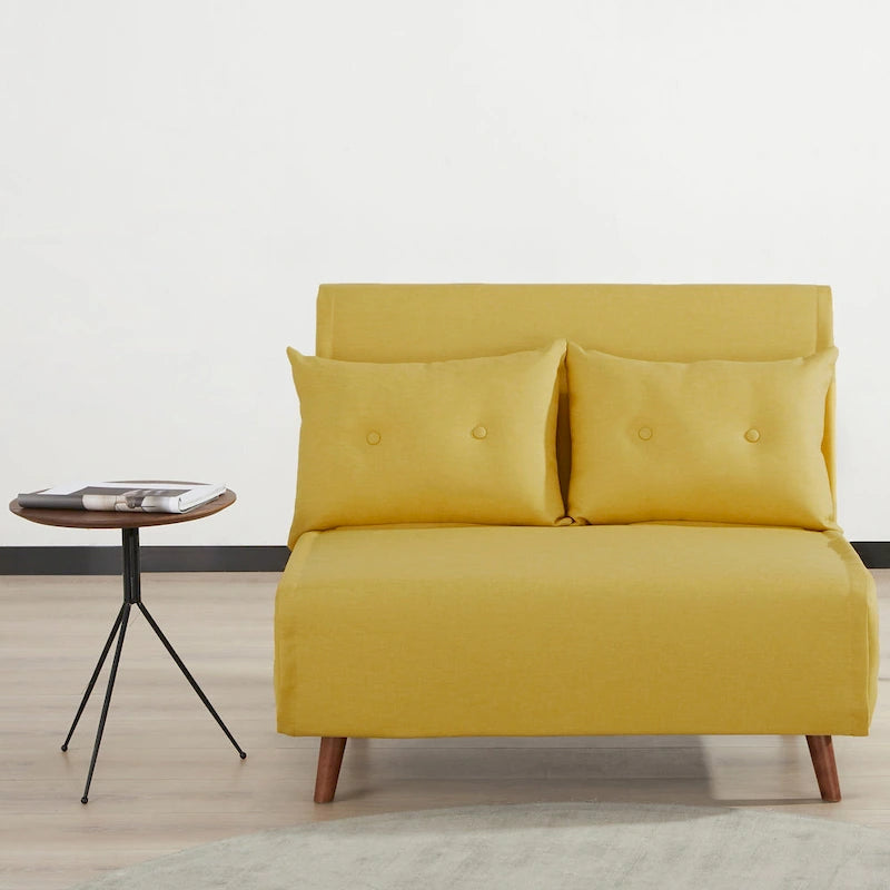Fauteuil-lit convertible avec pieds en bois, capitonné, en faux lin, gris foncé