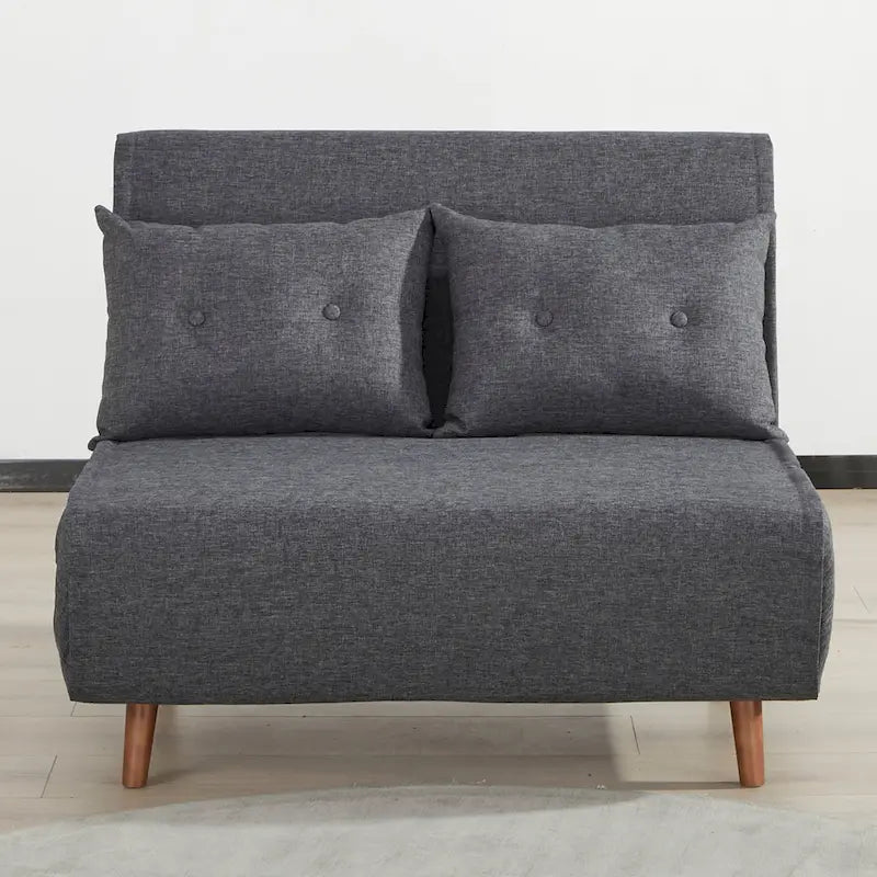 Fauteuil-lit convertible avec pieds en bois, capitonné, en faux lin, gris foncé