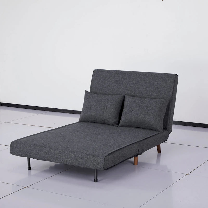Fauteuil-lit convertible avec pieds en bois, capitonné, en faux lin, gris foncé