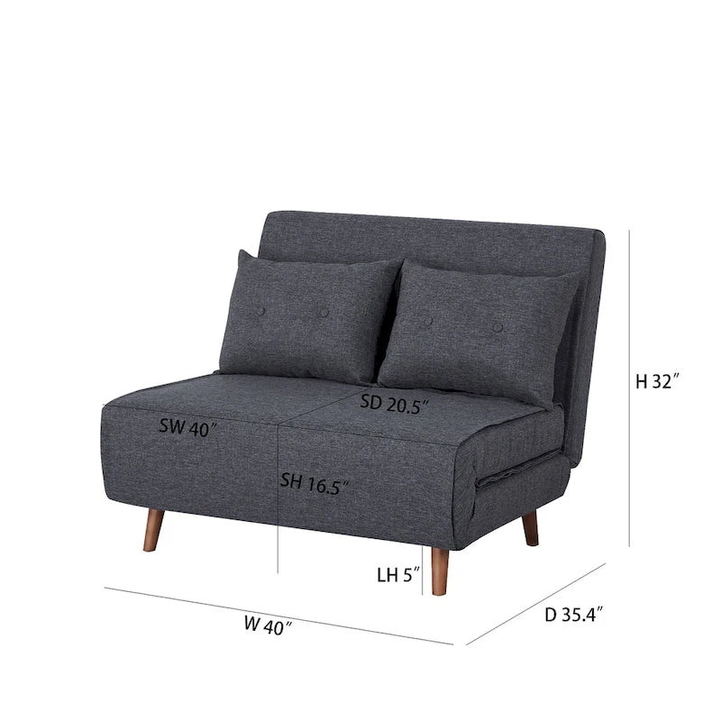 Fauteuil-lit convertible avec pieds en bois, capitonné, en faux lin, gris foncé