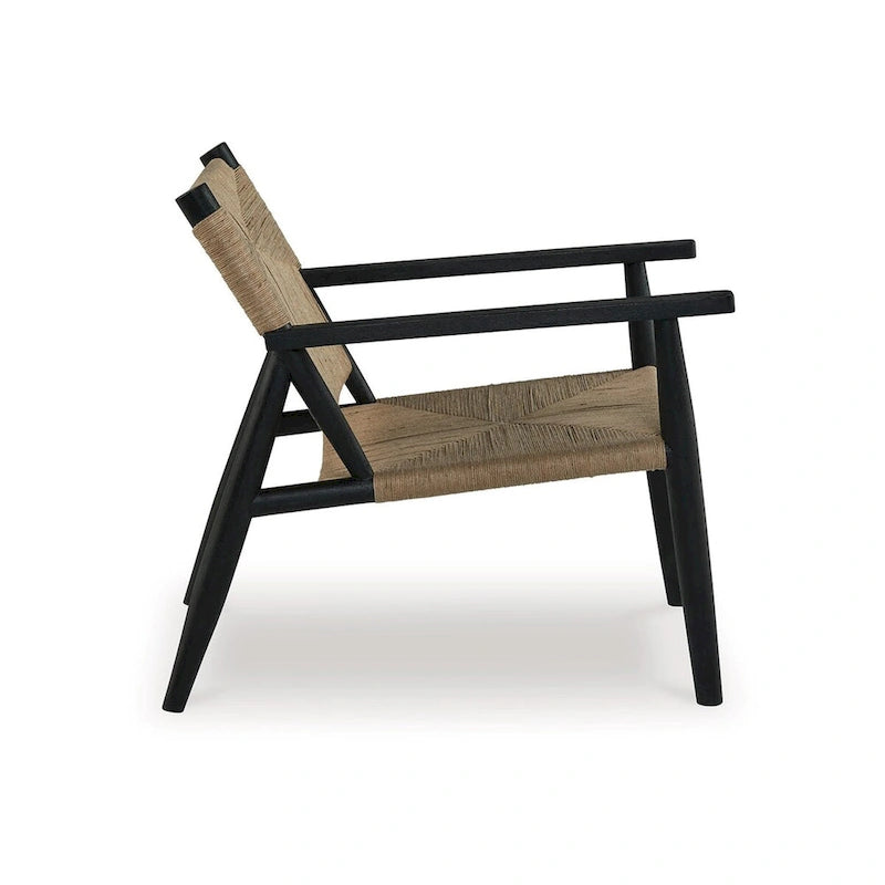 Fauteuil d'appoint, bois noir, jute naturelle tressée à la main, pieds fuselés